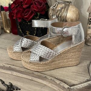Marc Fisher Silver Woven Espadrille Wedge Sandals